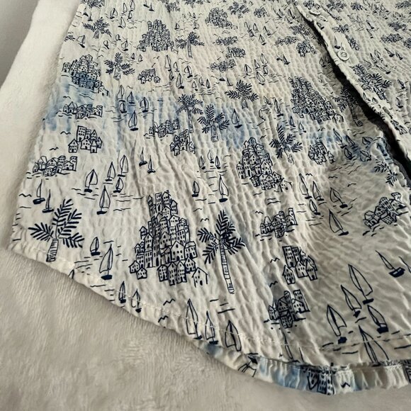 Tommy Bahama Camp Shirt Mens Medium Santorini Sail Stretch Cotton Puckered Blue - Picture 8 of 9